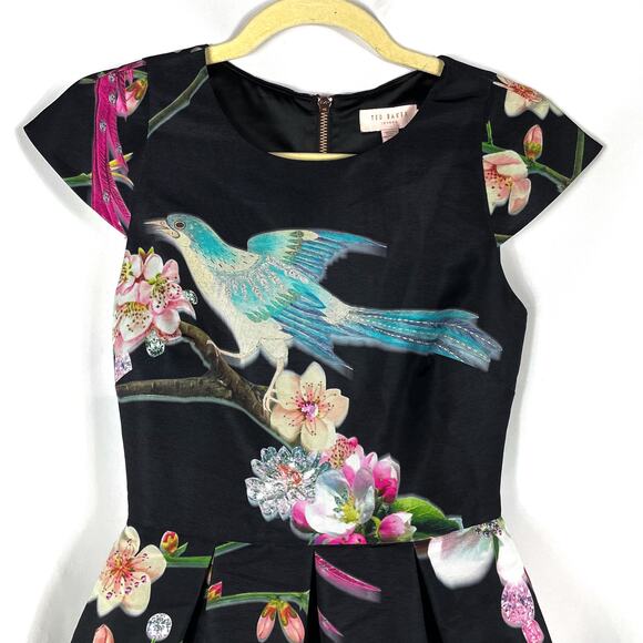 Ted Baker Zaldana Dress Black Mini Flight of the Orient Bird Print 2 US (0 Ted) - Picture 6 of 11